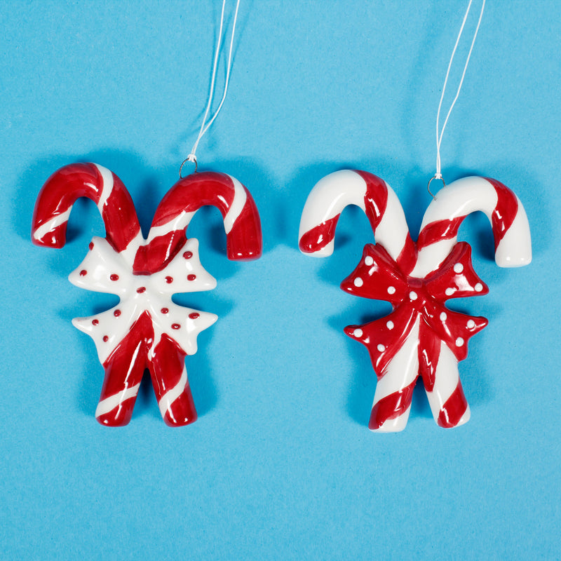 Candy Cane Ceramic Cross Shaped 3d Christmas Hanging Bauble Decorations Set of 2