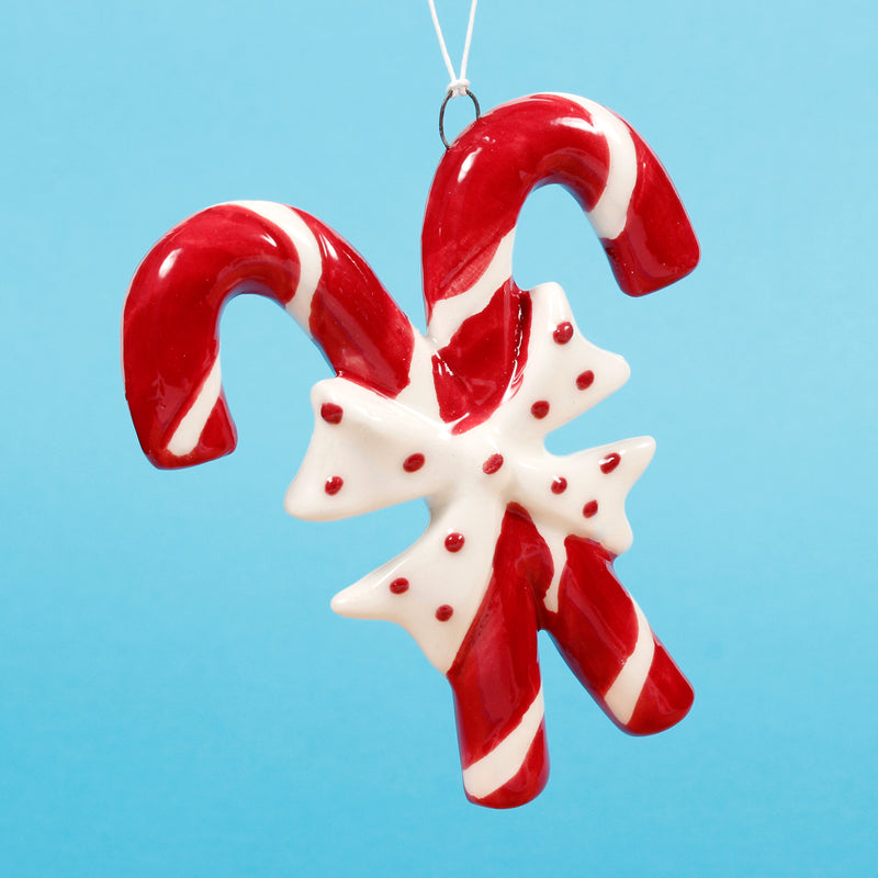 Candy Cane Ceramic Cross Shaped 3d Christmas Hanging Bauble Decorations Set of 2