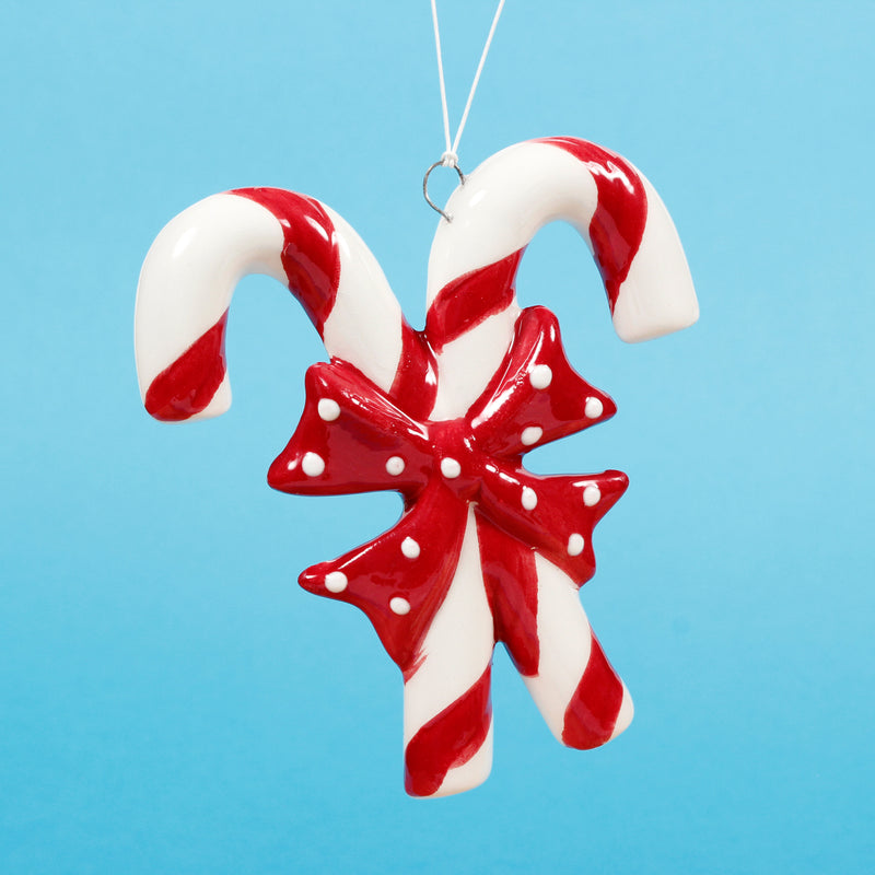 Candy Cane Ceramic Cross Shaped 3d Christmas Hanging Bauble Decorations Set of 2