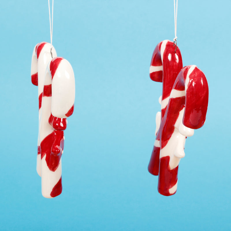 Candy Cane Ceramic Cross Shaped 3d Christmas Hanging Bauble Decorations Set of 2