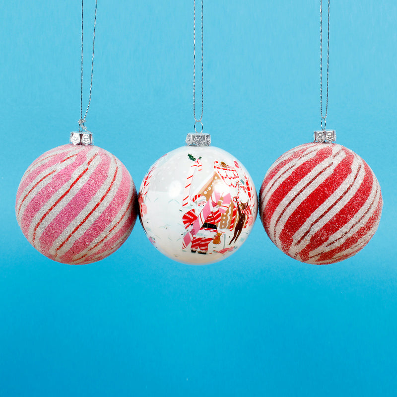 Candy Stripe Baubles Set of 3 Hanging Christmas Decoration 3d Baubles