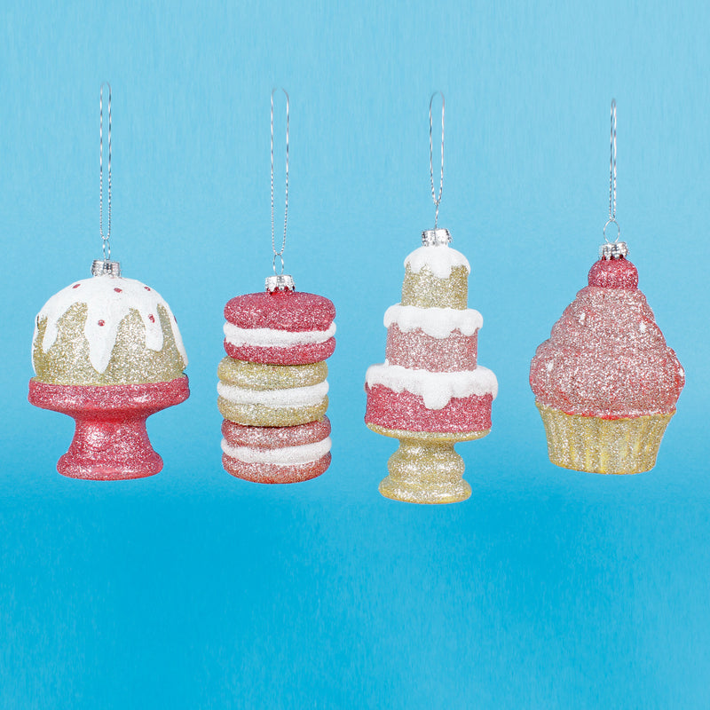 Pink and Gold Cakes Christmas Tree Ornaments Set of 4 Hanging Bauble Decorations