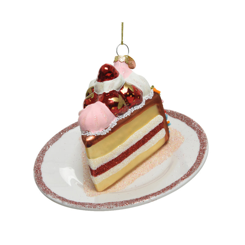 Slice of Cake on Plate Shaped Glass Christmas Hanging Bauble