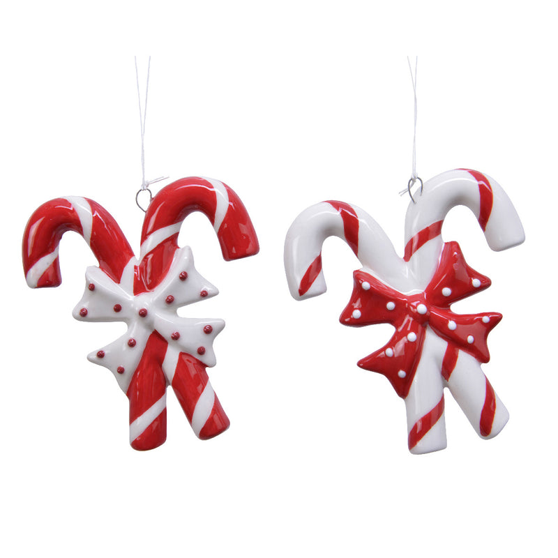 Candy Cane Ceramic Cross Shaped 3d Christmas Hanging Bauble Decorations Set of 2