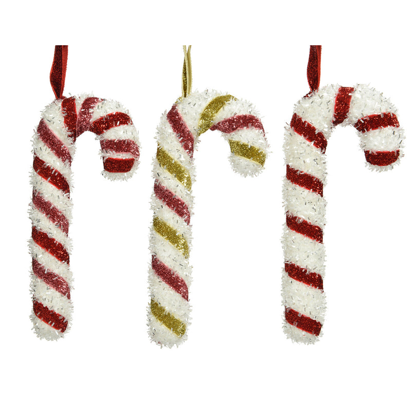 Fuzzy Red Gold and White Stripe Candy Canes 3D Baubles Set of 3 Hanging Decorations