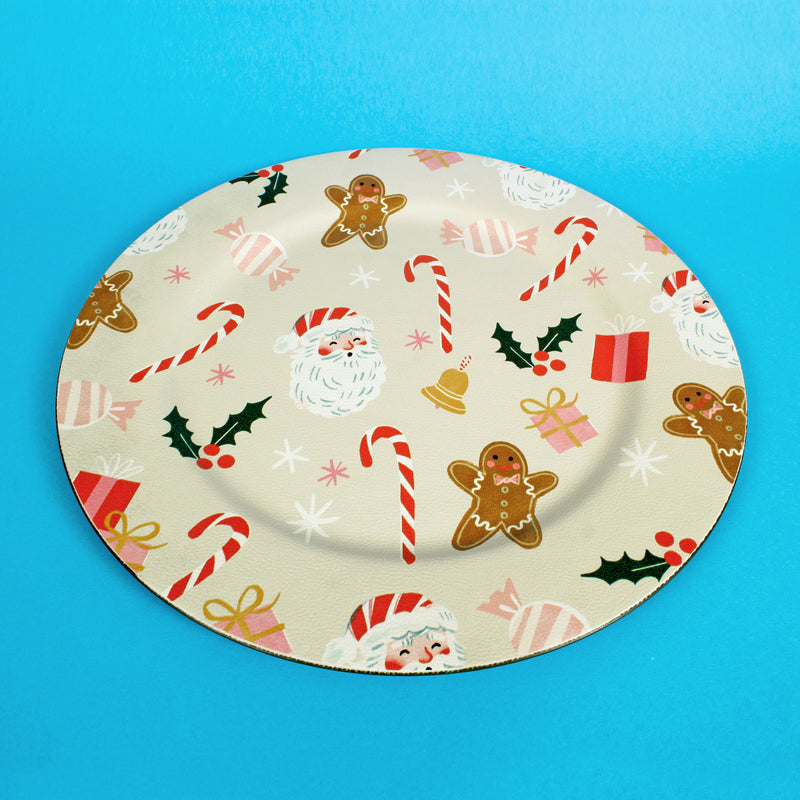Cream Plate Christmas Print Santa Bells Candy Gingerbread