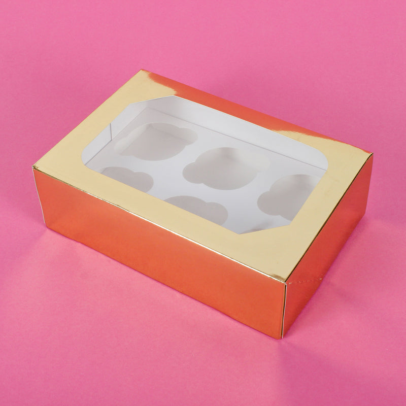 Glossy Gold Cupcake Box - Pack of 1 Holds 6 Cupcakes