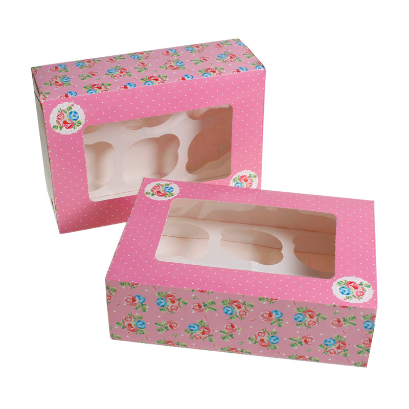 Pink Floral Cupcake Boxes Display Cases - Pack of 2