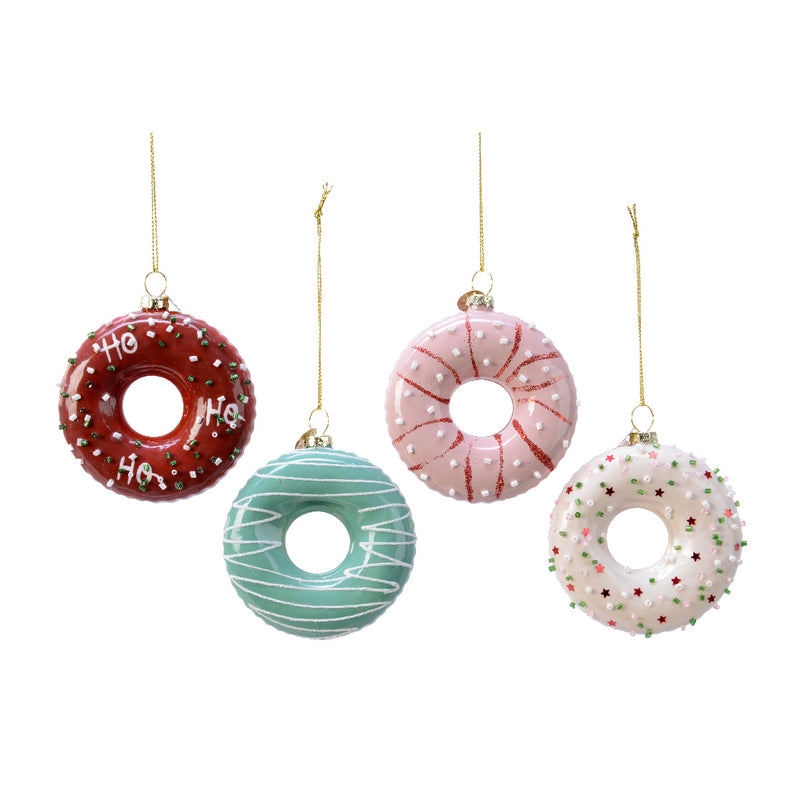 Doughnut Set of 4 Shaped 3d Glass Christmas Hanging Baubles