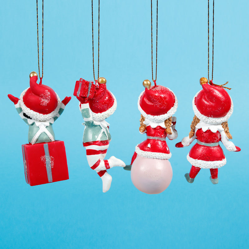 Elves Set of 4 Shaped Resin 3D Christmas Hanging Baubles