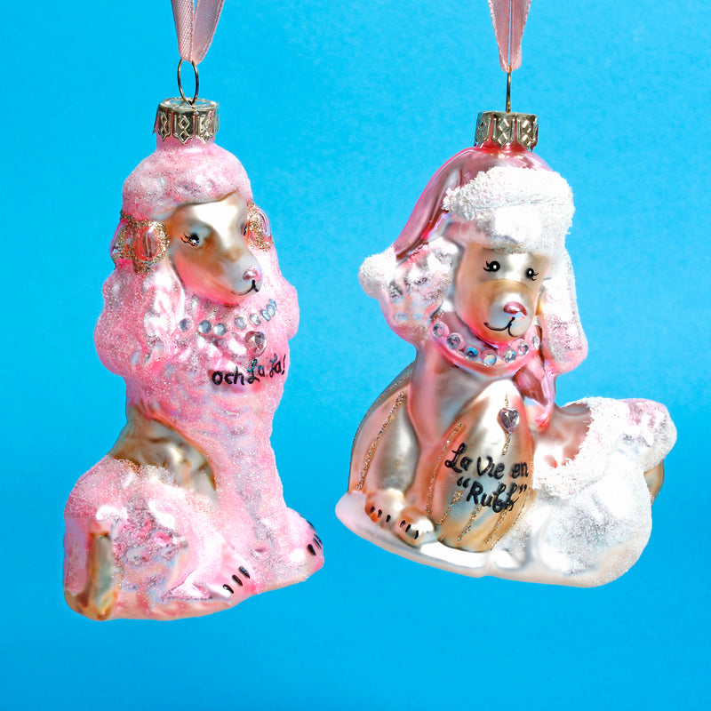 Glass Poodles Set of 2 Shaped 3D Christmas Decoration Hanging Baubles