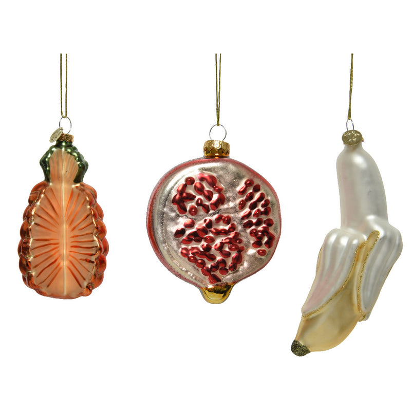 Glass Fruit Shaped set of 3 3D Baubles Hanging Christmas Decorations