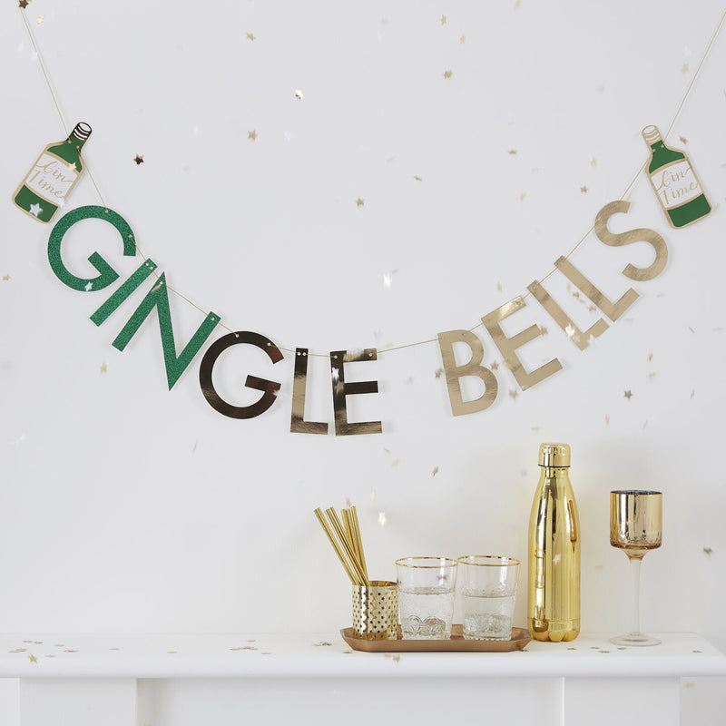 Gingle Bells Gold and Green Christmas Bunting 13 Decorations