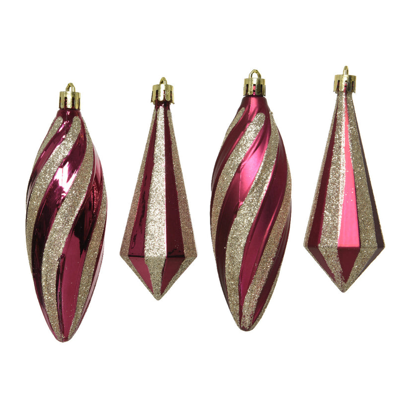 Set of four Pink and Gold Glitter Hanging Christmas Tree Decoration Baubles 3D