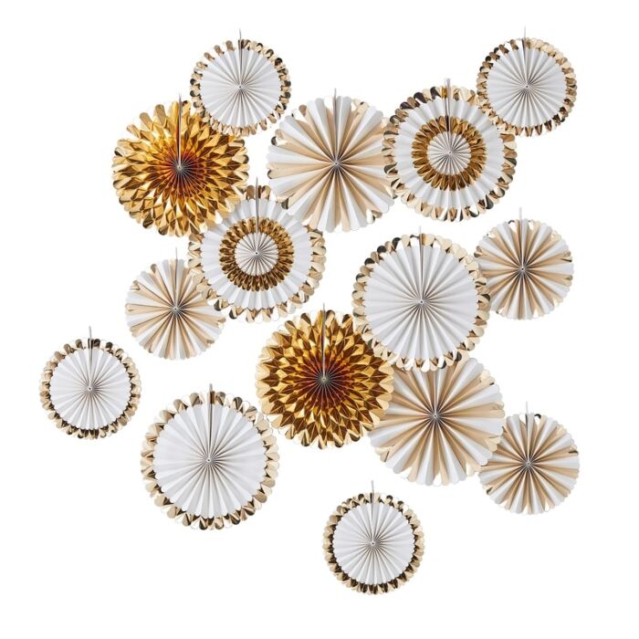 White and Gold Foiled Paper Fan Decorations Pack of 15