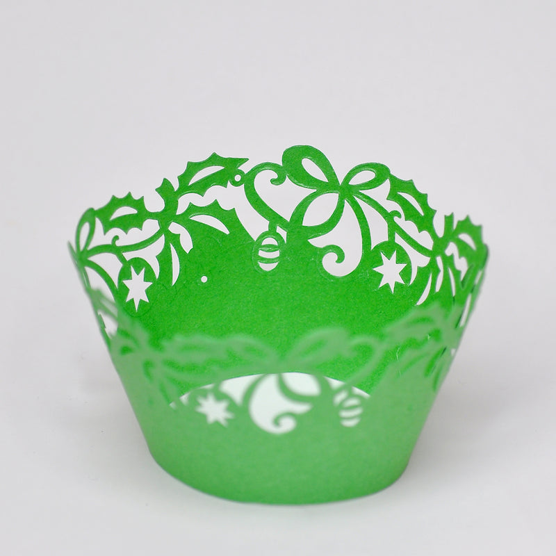 Green Holly and Bows Christmas Cupcake Wrappers 6 Pack
