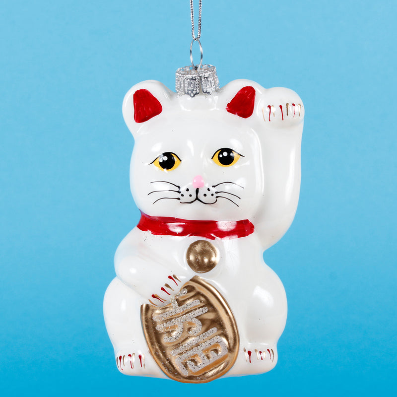 White Lucky Cat With A koban Gold Coin Hanging Christmas Bauble