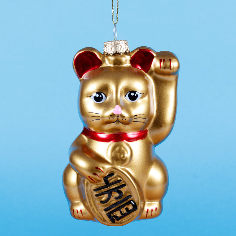 Gold Lucky Cat With A koban Gold Coin Hanging Christmas Bauble