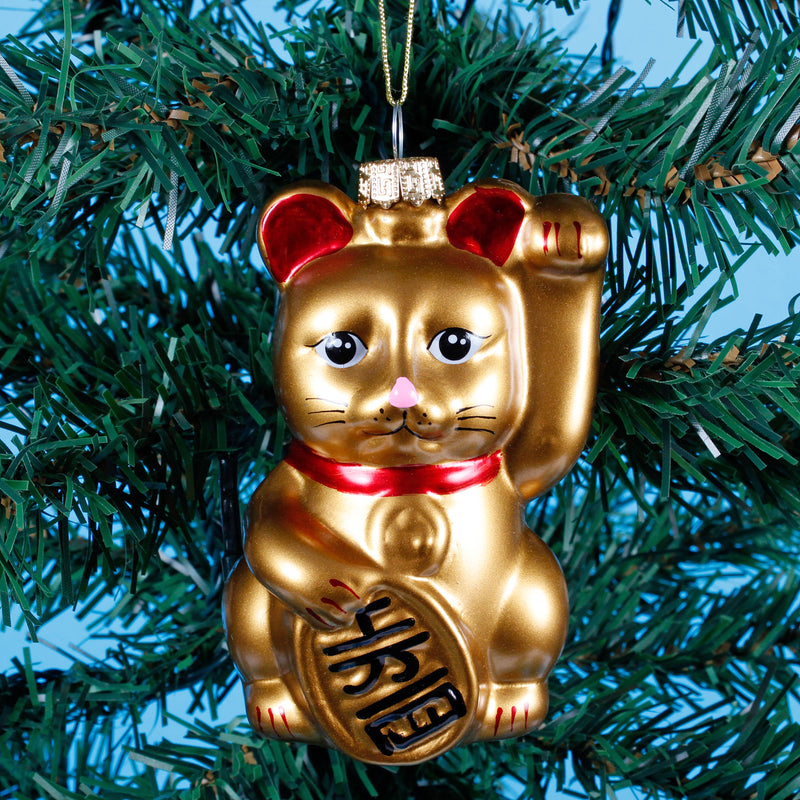 Gold Lucky Cat With A koban Gold Coin Hanging Christmas Bauble