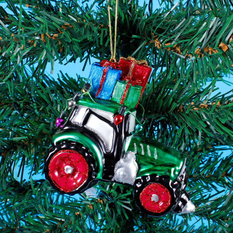 Green Tractor with Gifts Shaped Bauble