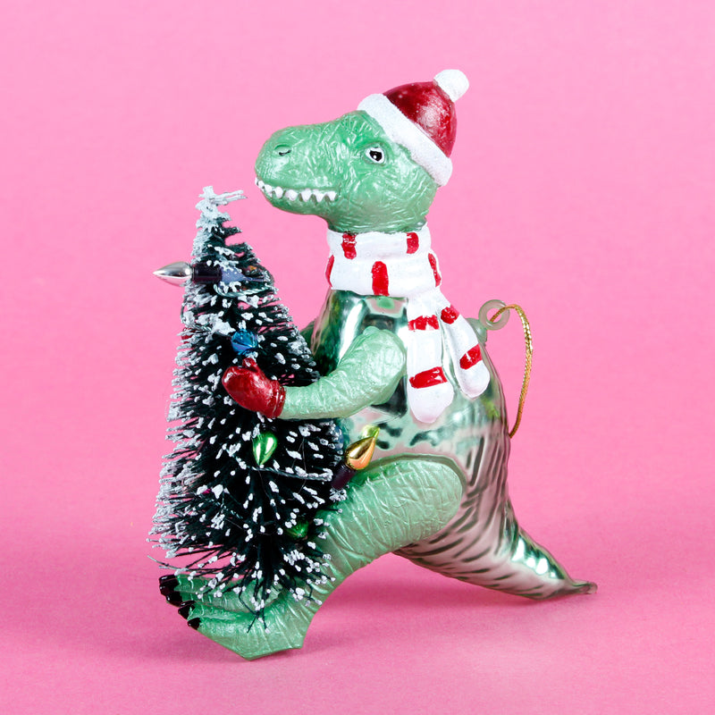 Dinosaur With A Christmas Tree Shaped Bauble Hanging Decoration