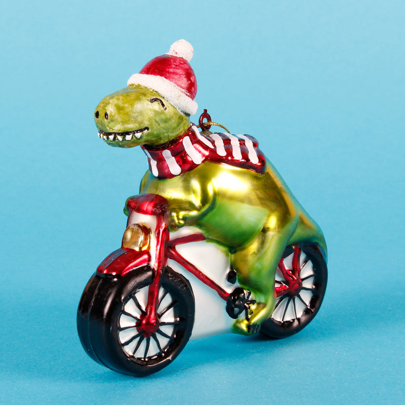 Dinosaur Riding A Bicycle Hanging Christmas Bauble