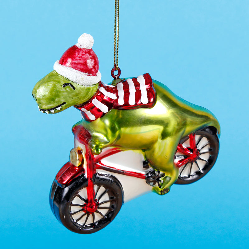 Dinosaur Riding A Bicycle Hanging Christmas Bauble