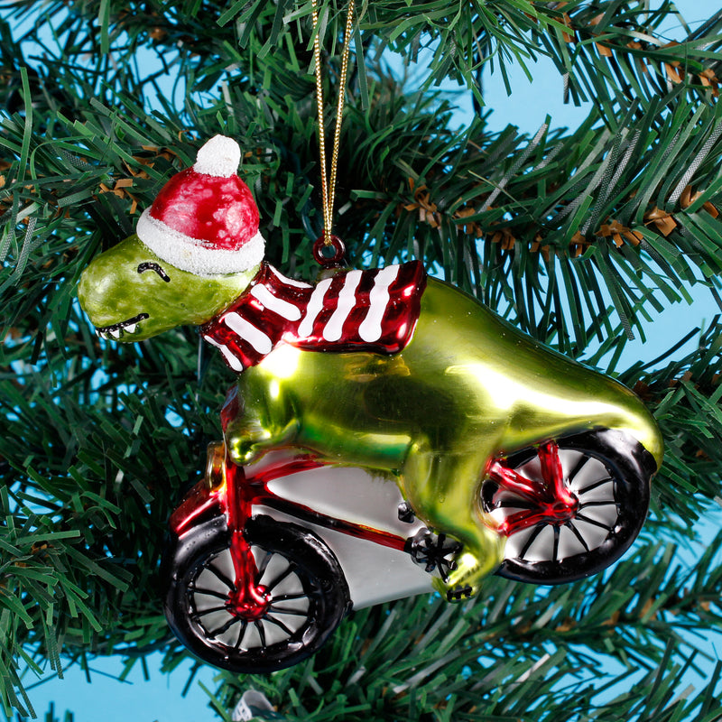Dinosaur Riding A Bicycle Hanging Christmas Bauble