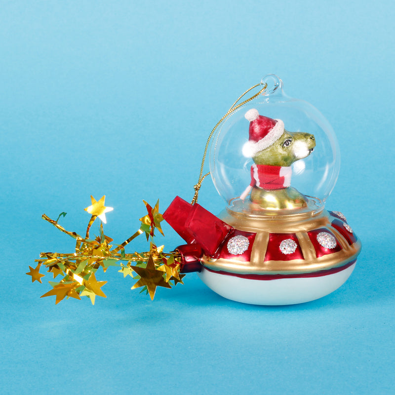 Dinosaur In A UFO Hanging Christmas Bauble