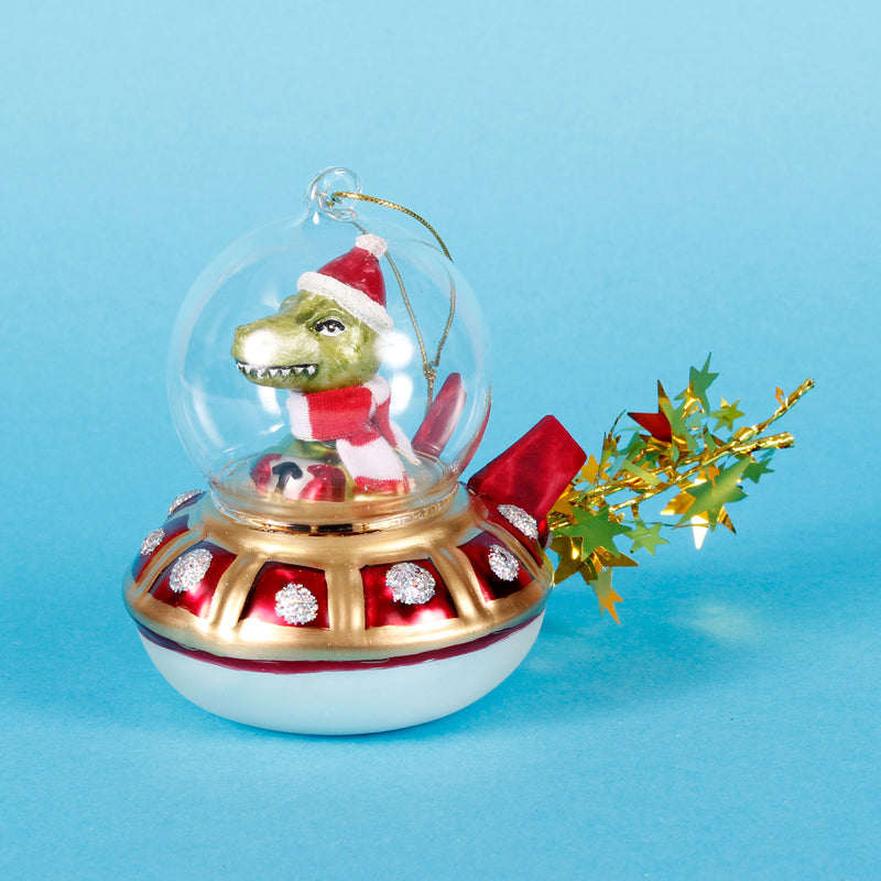 Dinosaur In A UFO Hanging Christmas Bauble