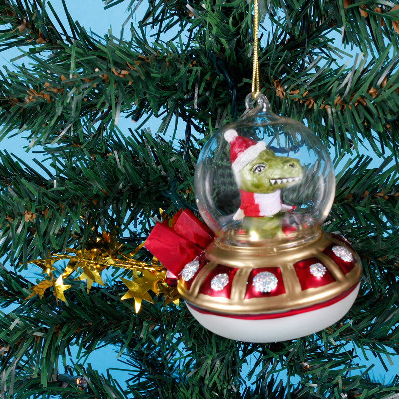 Dinosaur In A UFO Hanging Christmas Bauble