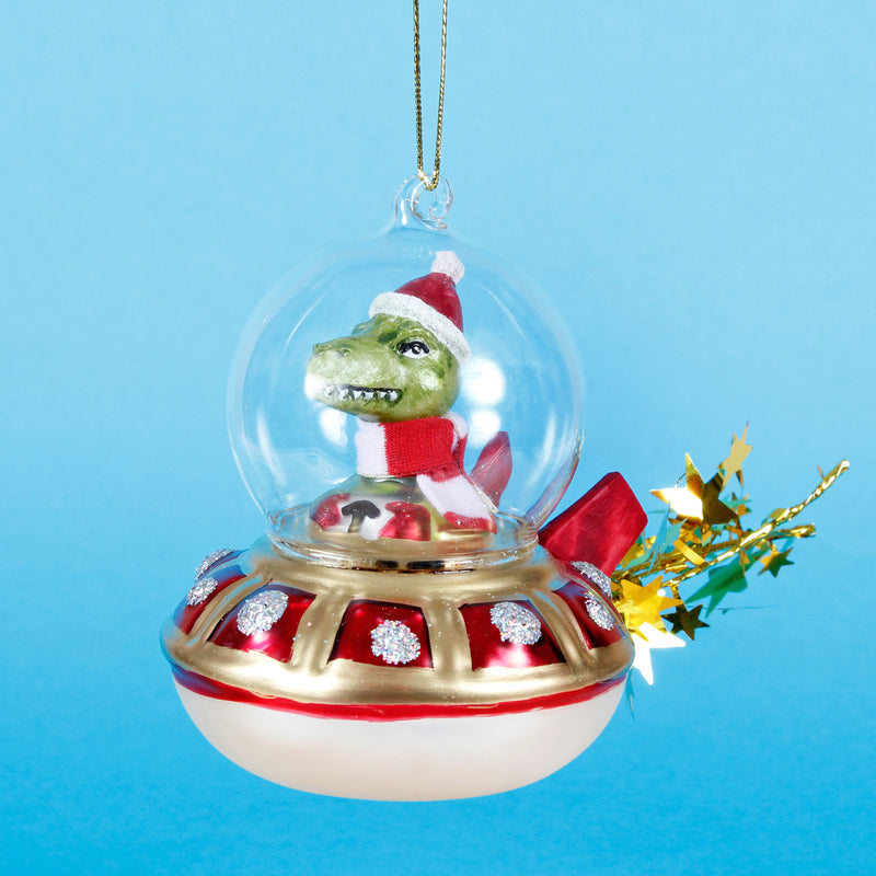 Dinosaur In A UFO Hanging Christmas Bauble