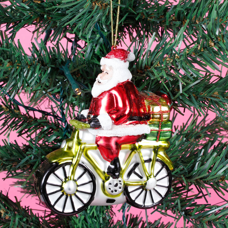 Santa Riding A Bicycle Hanging Christmas Bauble