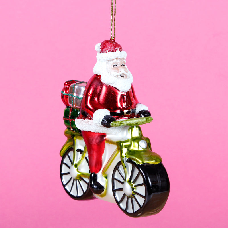 Santa Riding A Bicycle Hanging Christmas Bauble