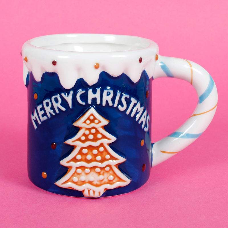 Christmas Coffee Mug Festive Dark Blue and White China Dolomite Style