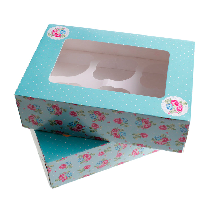 Blue Floral Cupcake Boxes Vintage Tea Party - Pack of 2