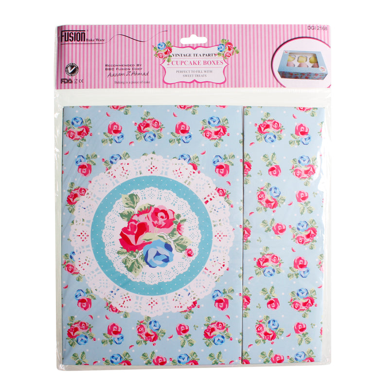 Blue Floral Cupcake Boxes Vintage Tea Party - Pack of 2