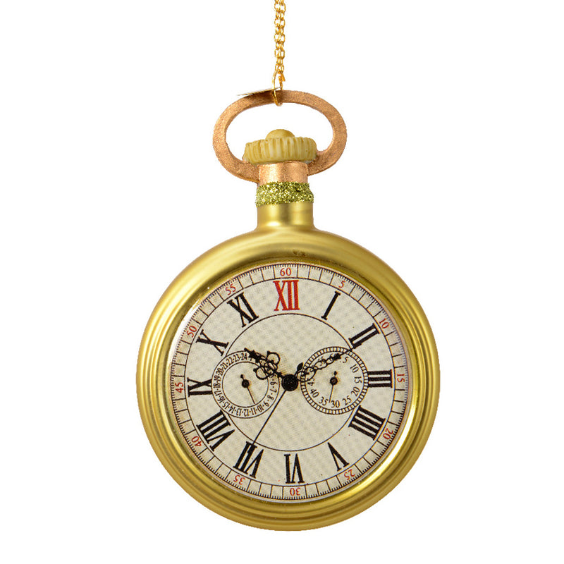 Pocket Watch Shaped 3d Gold Glass Christmas Hanging Bauble
