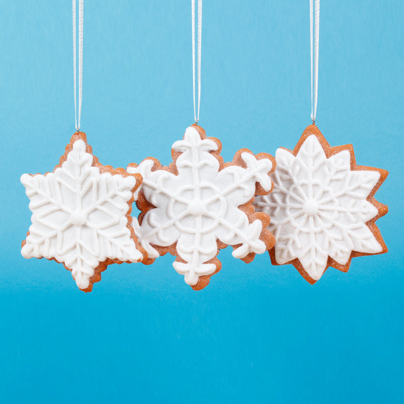 White Iced Gingerbread Snowflake Ornaments Pack of 3 Hanging Christmas Tree Baubles