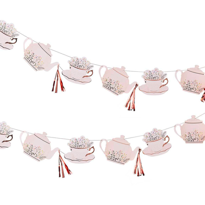 Rose Gold Foiled Teacup and Teapot Garland with Tassels 3.5 Metres