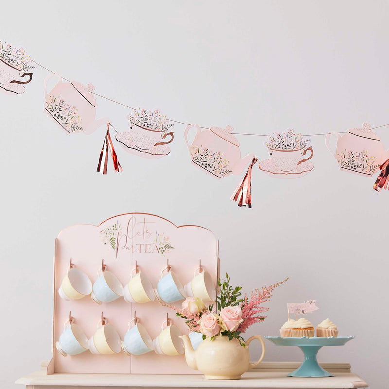 Rose Gold Foiled Teacup and Teapot Garland with Tassels 3.5 Metres