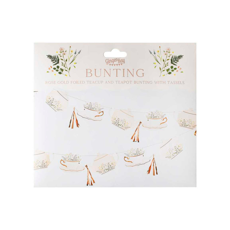 Rose Gold Foiled Teacup and Teapot Garland with Tassels 3.5 Metres