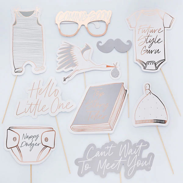 Grey and Rose Gold Baby Shower Photo Booth Props Pack of 10