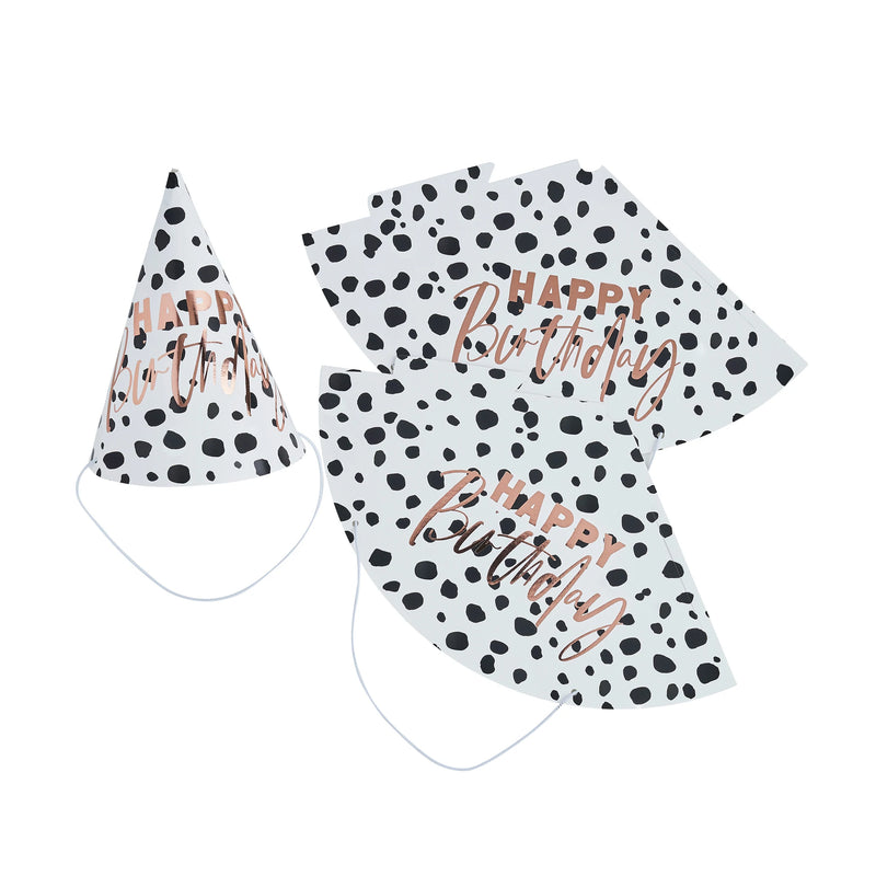 Dalmatian Party Hats with Rose Gold Happy Birthday Message Pack of 10