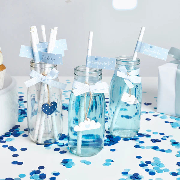Blue and White Baby Shower Paper Straws with Personalised Paper Flags Pack of 20