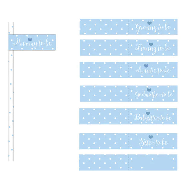 Blue and White Baby Shower Paper Straws with Personalised Paper Flags Pack of 20
