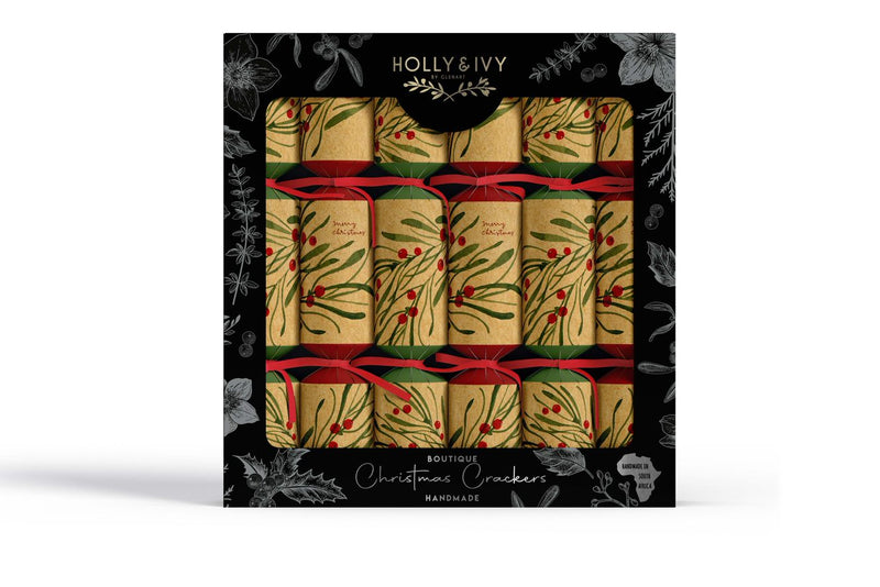 Mistletoe and Red Berries Boutique Eco Christmas Crackers Pack of 6 Plastic Free