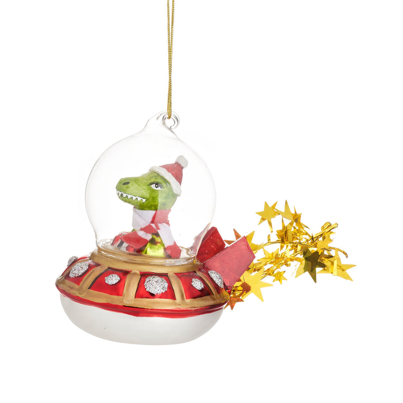 Dinosaur In A UFO Hanging Christmas Bauble