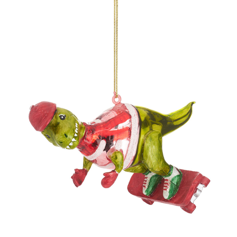 Dinosaur On A Skateboard Hanging Christmas Bauble