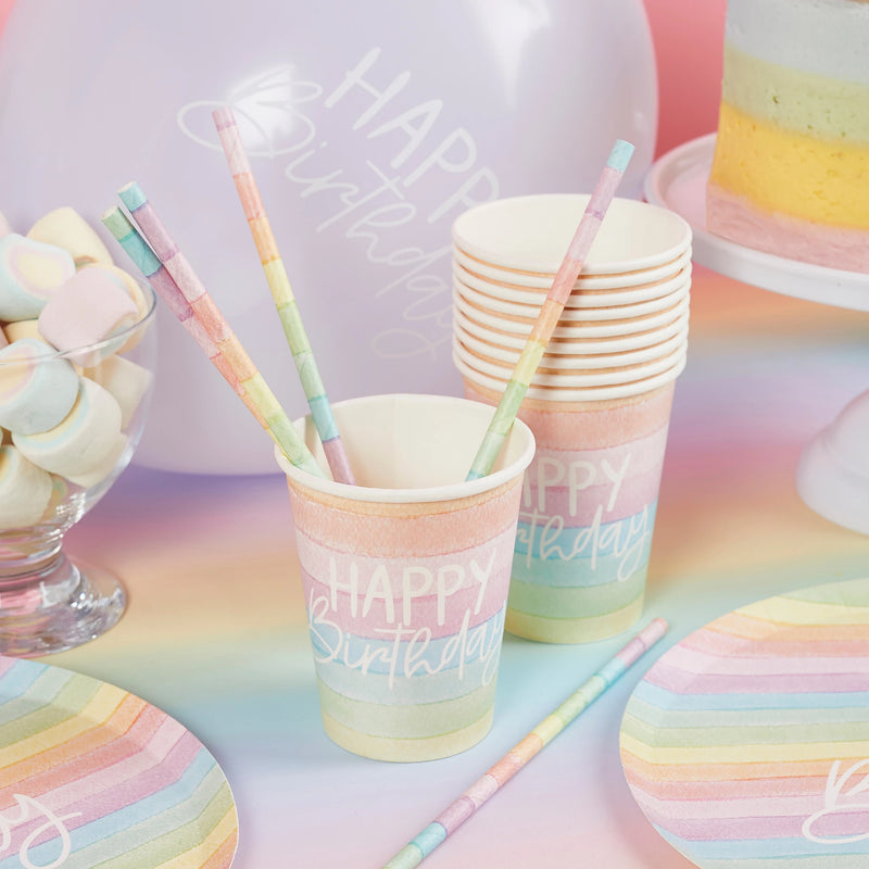 Eco Rainbow Happy Birthday Paper Cups Pack of 8